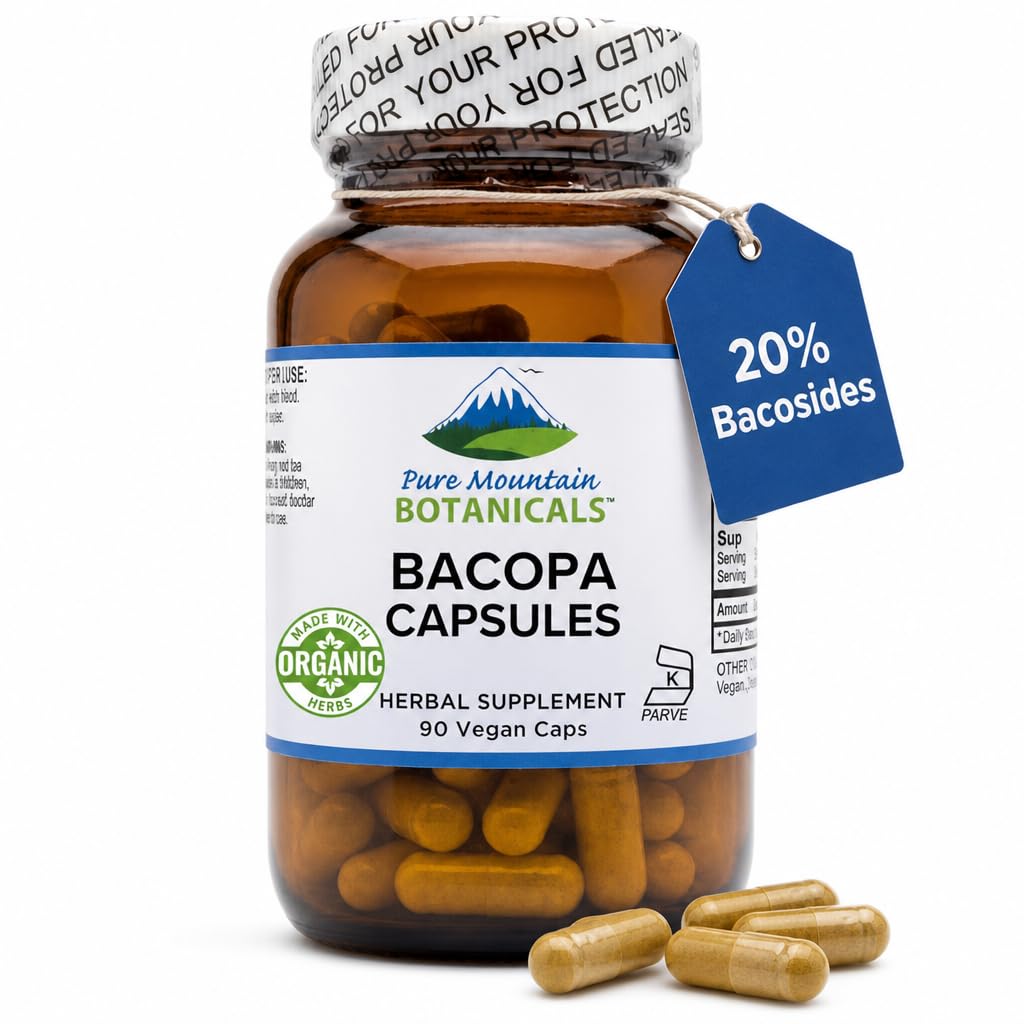 Pure Mountain Botanicals Bacopa Monnieri Kapsule - Vegan Caps s organickými Bacopa & Štandardizovaný Bacopa Extract Supplement