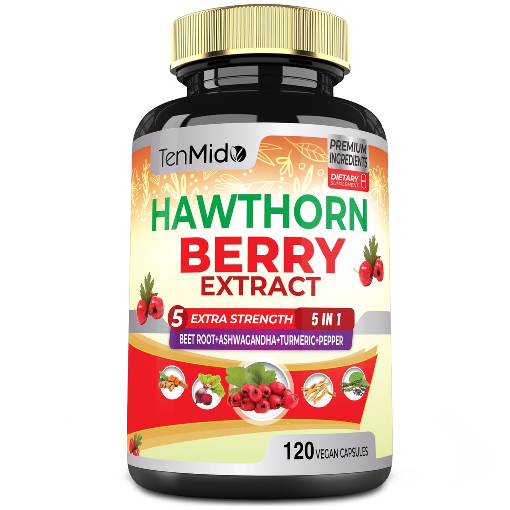 Hawthorn Berry Supplement Extract Kapsule - 120 Vegan Kapsule na 4 mesiace - Kombinovaná repa Root, Ashwagandha, Turmerica Curcumin & Black Pepper