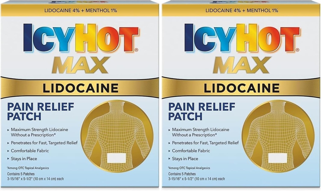 Icy Hot Max Strength Lidokain Pain Relief Patch (5 gróf) Penetrates for Fast, Targeted Relief (Pack of 2)