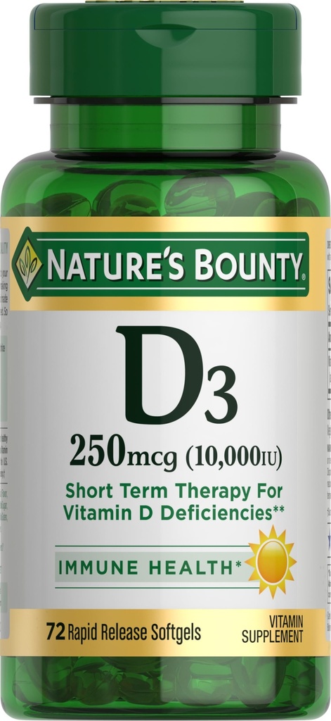 Prírodný bounty vitamín D pre imunitnú podporu a podporuje zdravé kosti, 10000 IU, Softgels, Multi-Farba, 10 000 IU, 72 Počet (Pack of 1)