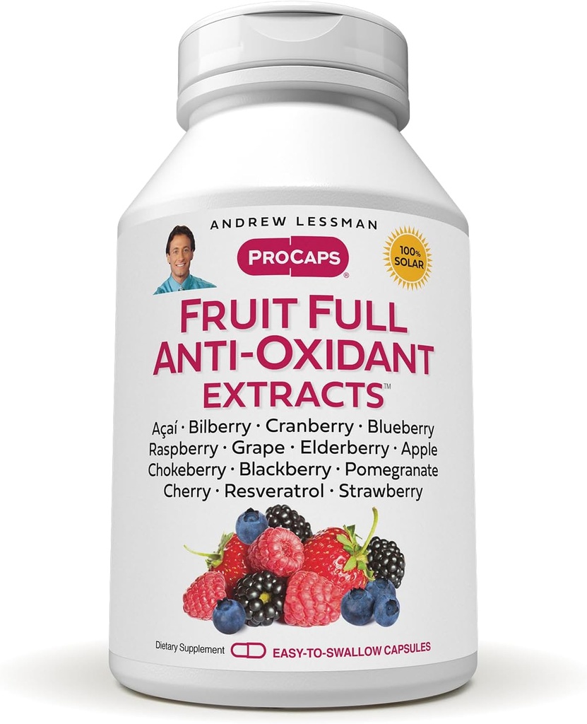 ANDREW LESSMAN Ovocie plná anti-osidant extrakty 30 kapsule - 14 prírodné ovocie a Berry extrakty. Čučoriedky, brusnice, Hroznové semeno, granátové jablko, rezveratrol a ďalšie. Ľahko prehltnúť Kapsule