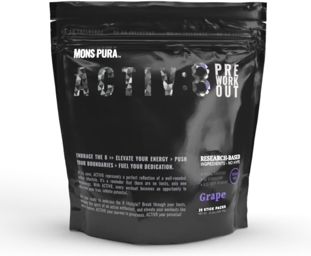 Activ8 Grape Pre-Workout 25 Power-Packed Servings 250mg kofeín
