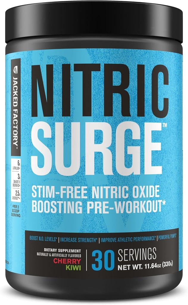 Jacked Factory Nitric Surge Stim Free Pred tréningu prášok - Kofeín-bez oxidu dusnatého Dodatok w/Con-Cret Creatin, L Citrulín, & GlycerSize Glycerol - Cherry Kiwi, 30 Servings
