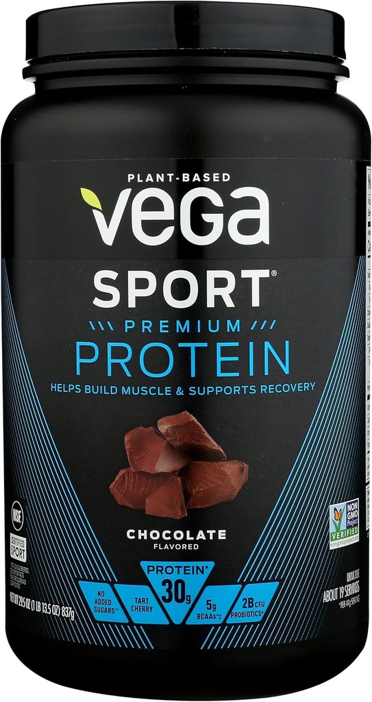 Vega Sport Premium Protein Powder, Chocolate, Vegan, 30g Plant Based Protein, 5g BCAA, Low Carb, No Cukor, Keto, Dairy Free, Gluten Free & Non-GMO, Pea Protein for Women and Men, 29.5 Oz