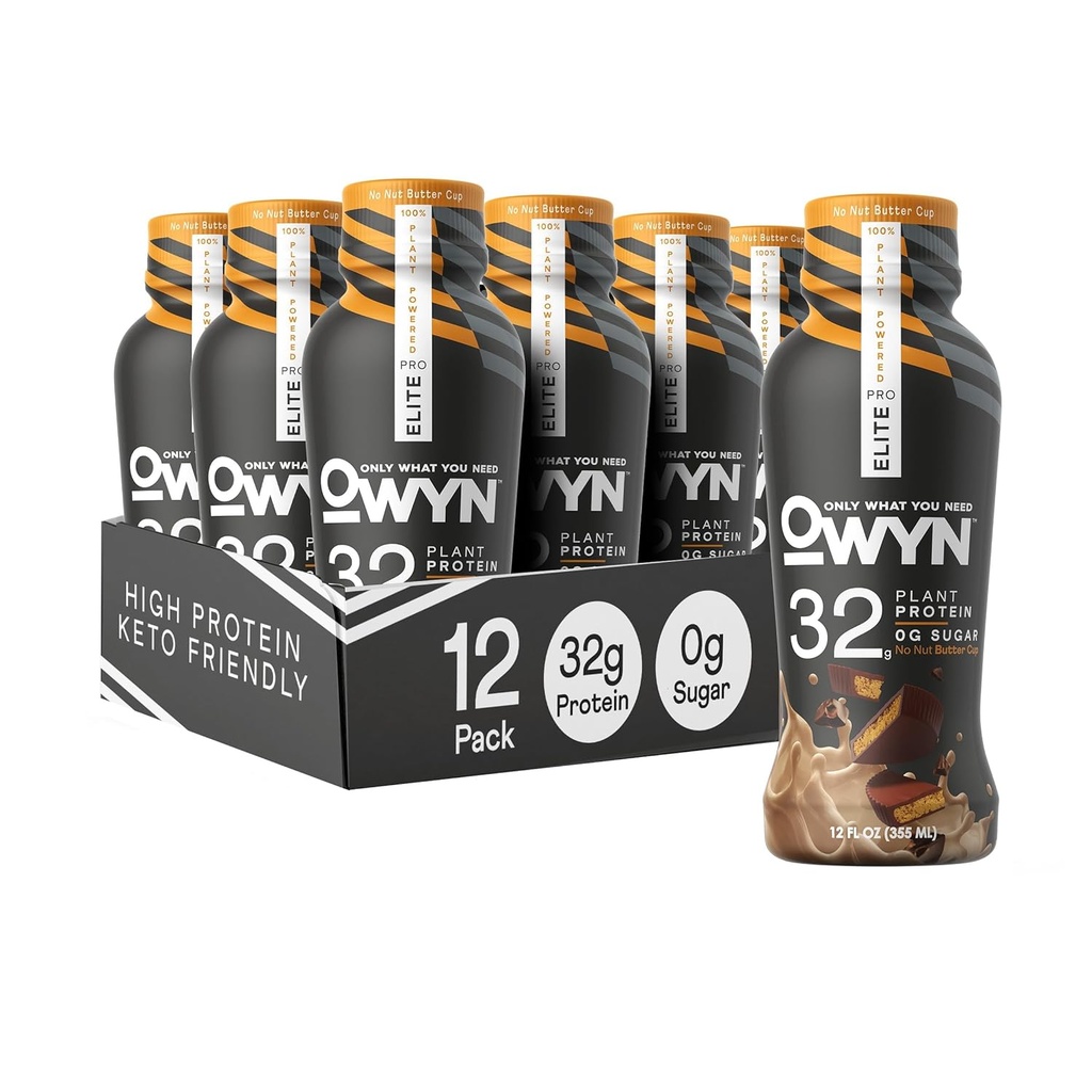 OWYN Len to, čo potrebujete Pro Elite Vegan Plant based High Protein Keto Shake, No Nut Butter Cup, Zero Sugar, 32g Protein, Omega-3, Prebiotiká, Superfoods Greens pre cvičenie a zotavenie, 0g Net Carbs