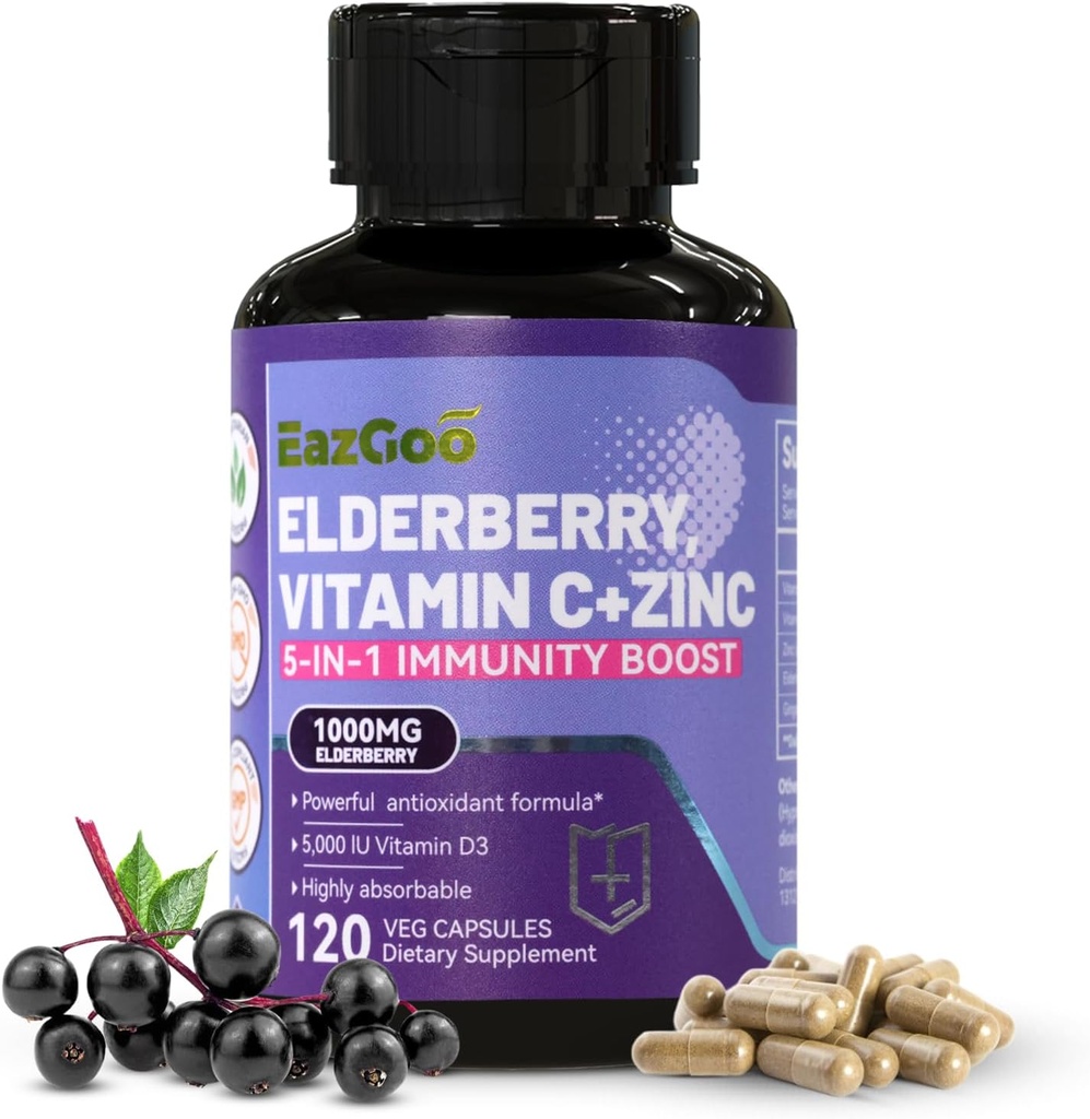 Sambucus Elderberry s zinkom a vitamínom C - 5 v 1 Imunitná podpora Supplement, non-GMO, 120 Vegetariánske kapsule, 2 mesiace dodávky