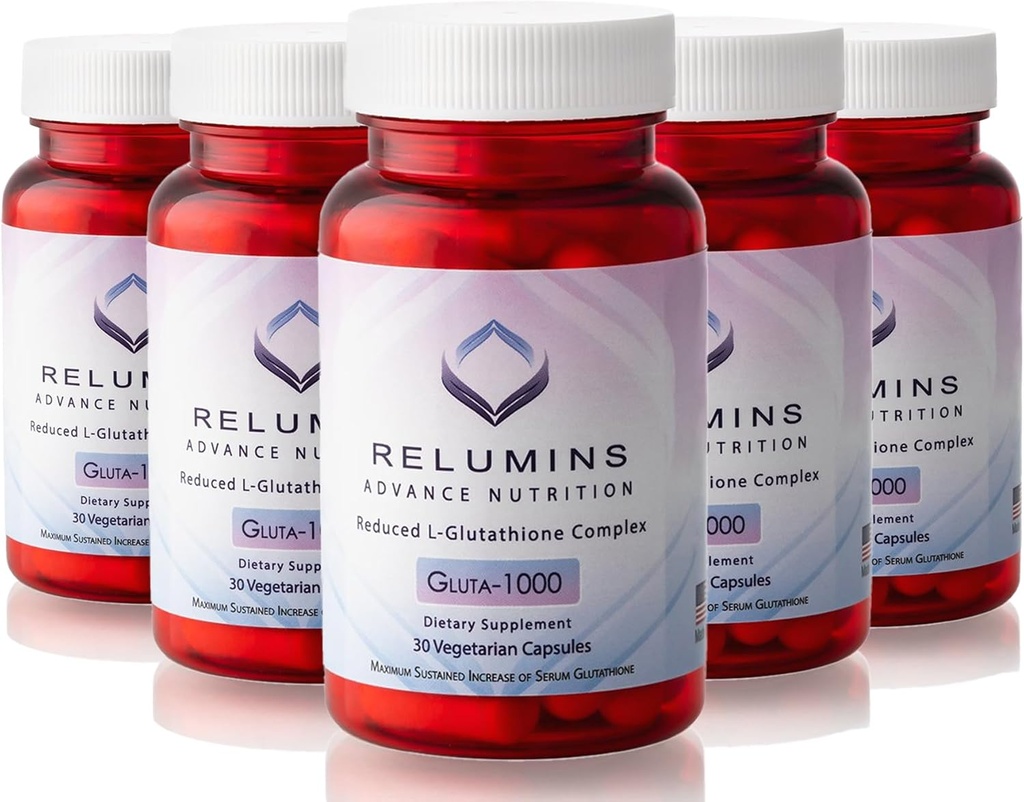 Relumins Advance Nutrition Gluta 1000 - Redukované L-Glutatión, Alpha Lipoic Acid & Rose HIPS, Antioxidant Podpora pre pokožku a celkovú wellness, Made in USA - 30 Kapsule x 5 Fľaše (75-Deň dodávky)