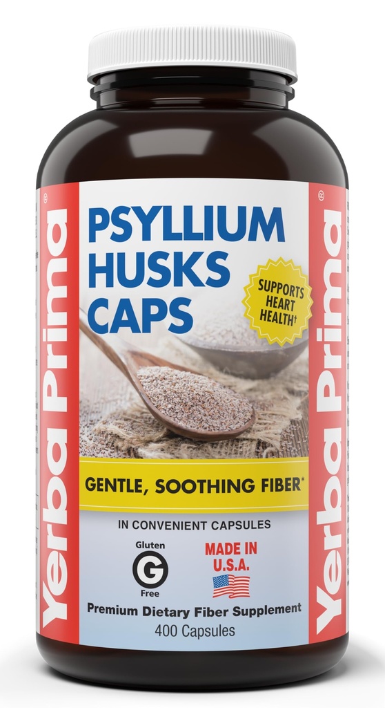 Yerba Prima Psyllium Husks Caps, 625 mg, 400 Kapsule - Prírodné vlákno pre mužov a ženy - Doplnky na podporu pravidelnosti
