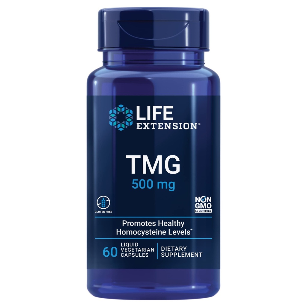 Life Extension TMG, Trimethylglycín, Povzbudzuje zdravé hladiny homocysteínu, non- GMO, Gluten-free, Vegetarián, 60 kapsúl