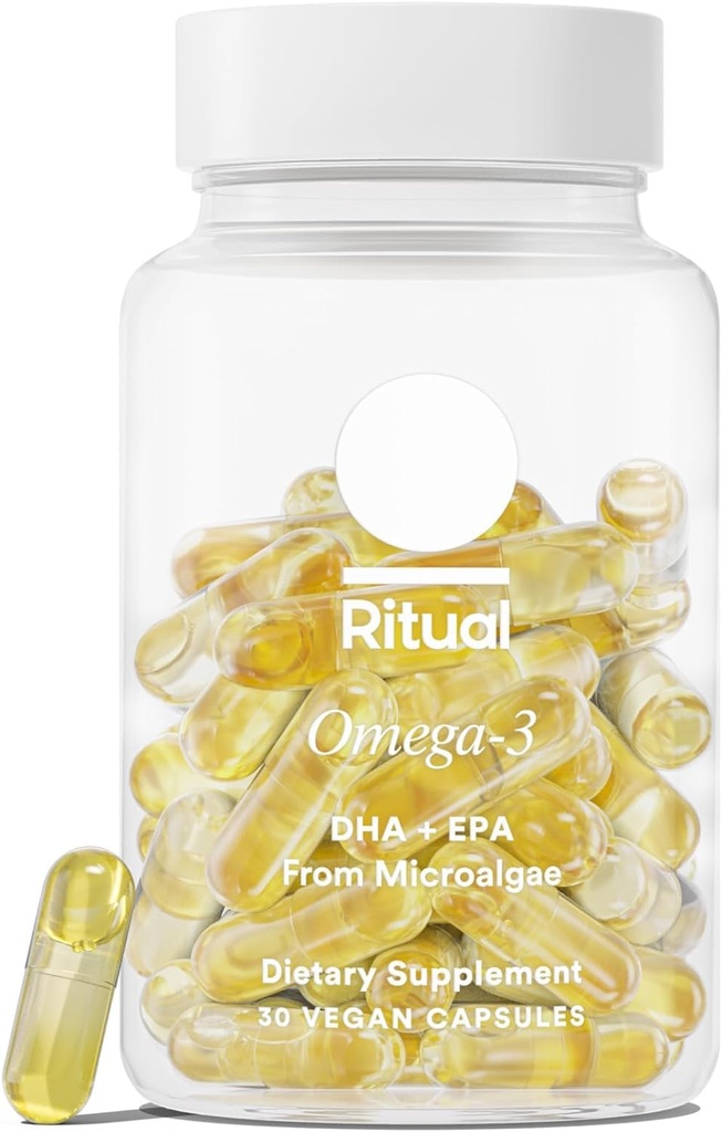Rituálna Omega 3 - Vegan - veda-zabalená dávka DHA & EPA mastných kyselín v pomere 2:1, Biodostupná, Podpora zdravia mozgu a srdca, minimálna burp-Back, trvalo zásobovaná mikrorias, 30 dní