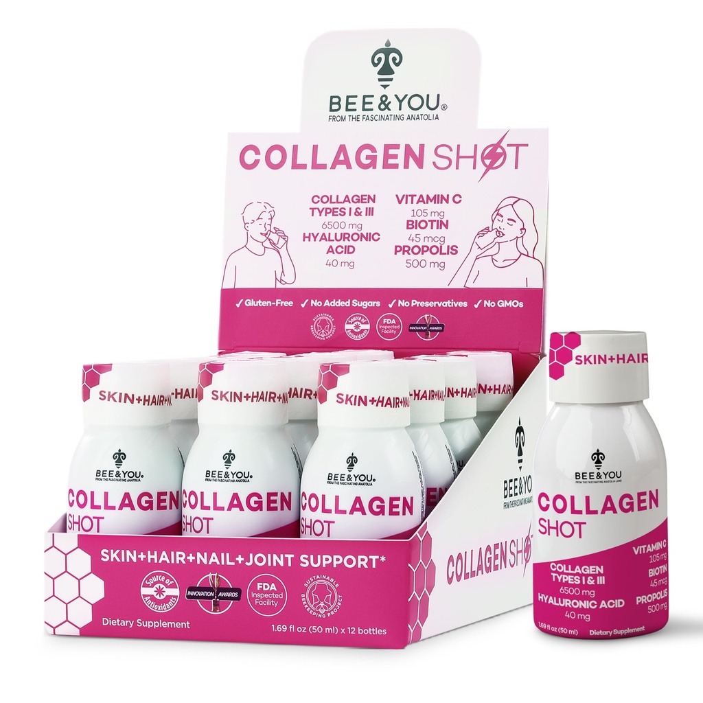 Včela a včelí tekutý shot nápoj s vitamínom C, extraktom Propolis, kyselinou hyalurónovou, biotín, podporuje pokožku, vlasy, nechty a spoločné zdravie, 1,69 fl. Oz x 12 balenie
