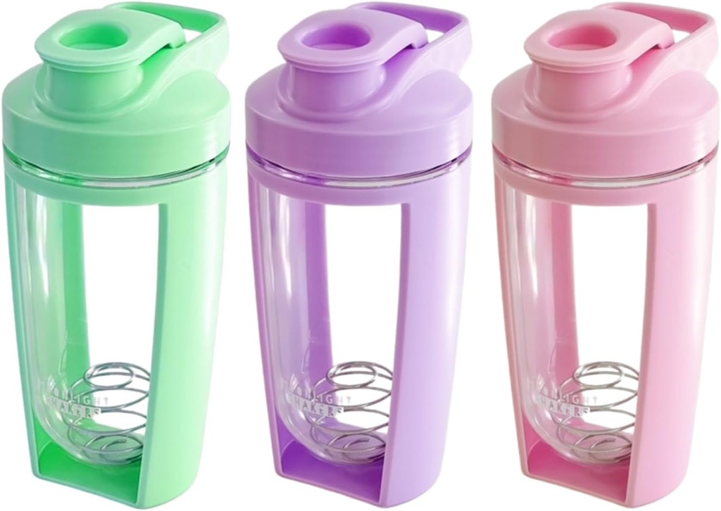 Moonlight Makers Set of 3 Cute 16oz Protein Shaker Bottle, Steel Whisk Ball - Leakproof, Dishwasher Trezor Gym fľašu, Shaker Cup for Protein Shakes, Preworkout Drinks Mixer Cup - Ružová, Zelená, Purple