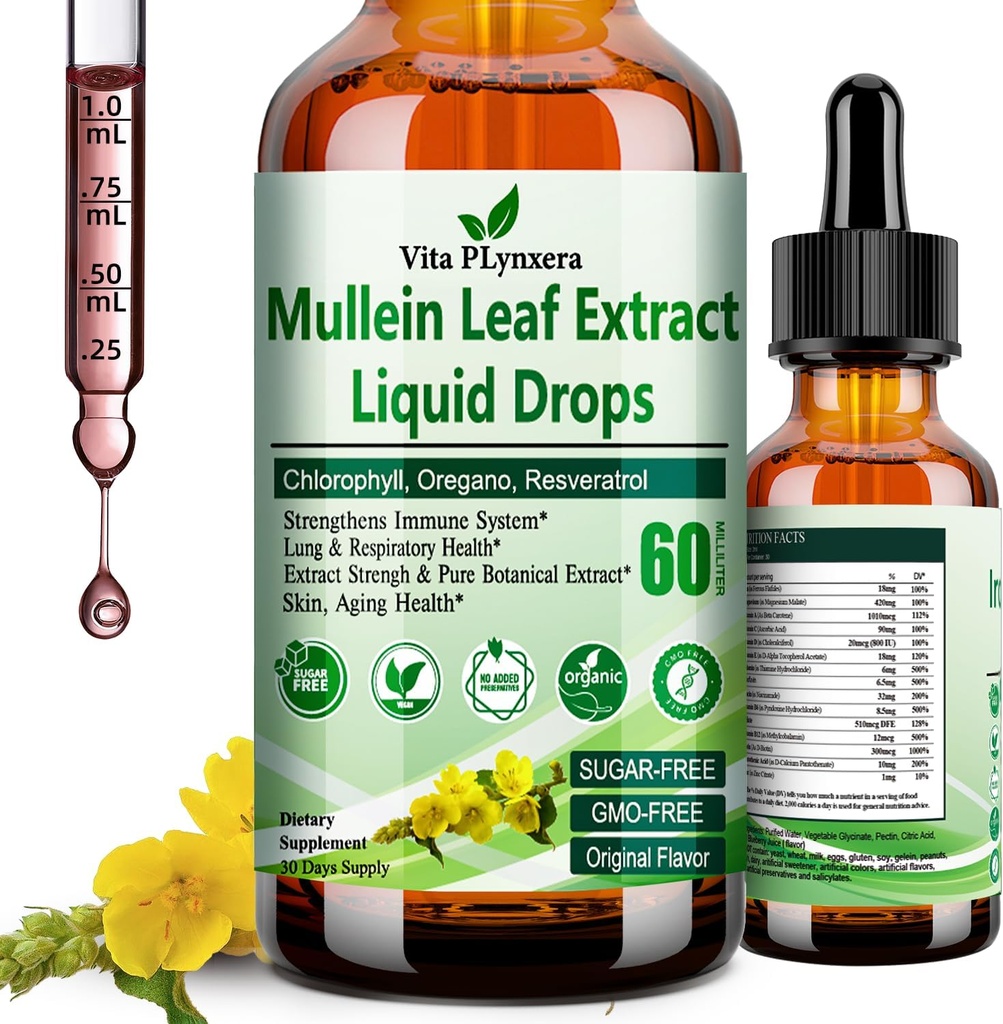 Mullein Drops for Lungs, Organic Mullein Leaf Extract for Lung Detox w. Chlorophyll Elderberry Oregano Oil Resveratrol Mullein Tincture Alcohol Free, Original Flavor, 2 f Fl/Oz