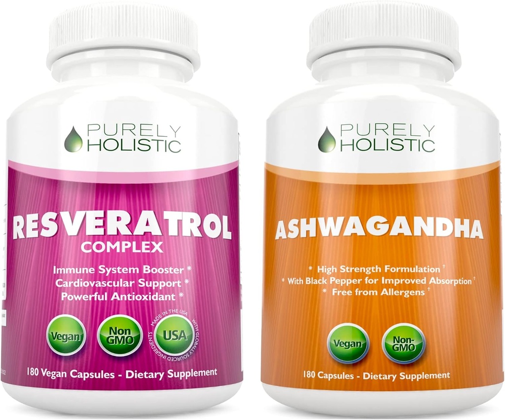 Purely Holistic Resveratrol 1450mg + Organic Ashwagandha 1300mg & Black Pepper - Vegan Bundle - 180 + 180 Kapsule - balené s potentnými antioxidanty - Made in USA
