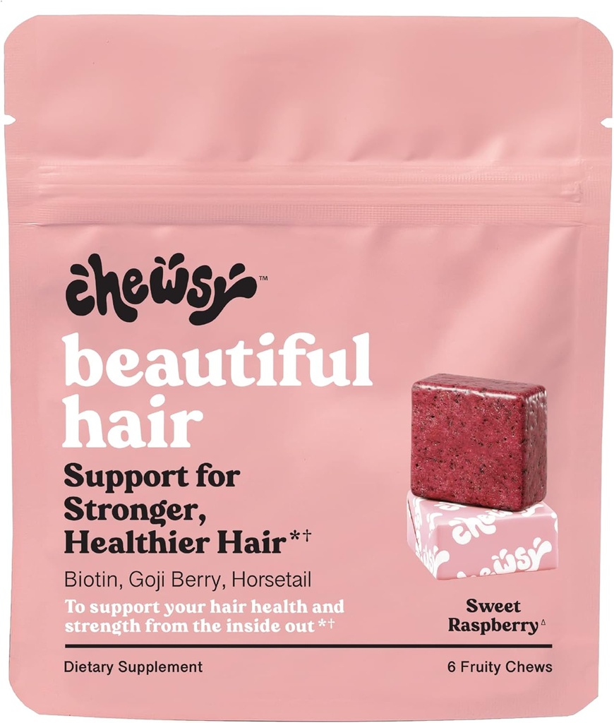 Chewsy - krásne chute na vlasy - podporuje silnejšie, zdravšie vlasy, biotín, vitamíny C, A, B12, D3, Goji Berry - 6-dňová ponuka