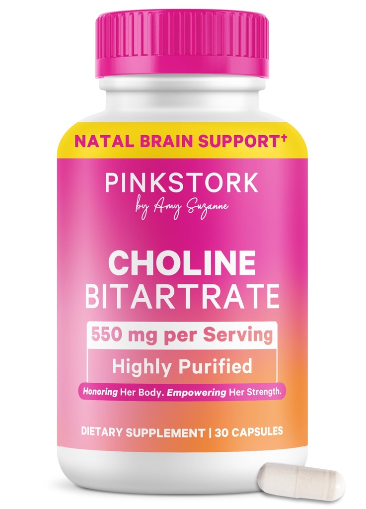 Pink Stork Choline - 550 mg Choline Bitartrate from VitaCholine for Tehotná + Popôrodná mamička - Prenatálny vitamín pre fetálne kognitívne zdravie + kvalita materského mlieka - 1 Kapsula denne, 30 Počet