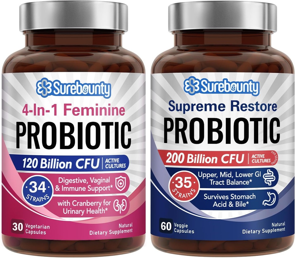 Probiotické Bundle, 4-v-1 Feminine Probiotic (30ct) & Supreme Restore Probiotic (60ct), 2 Balíčky, Cranberry Vaginal Support, GI Tract Balance, Vegan, Non-Dairy