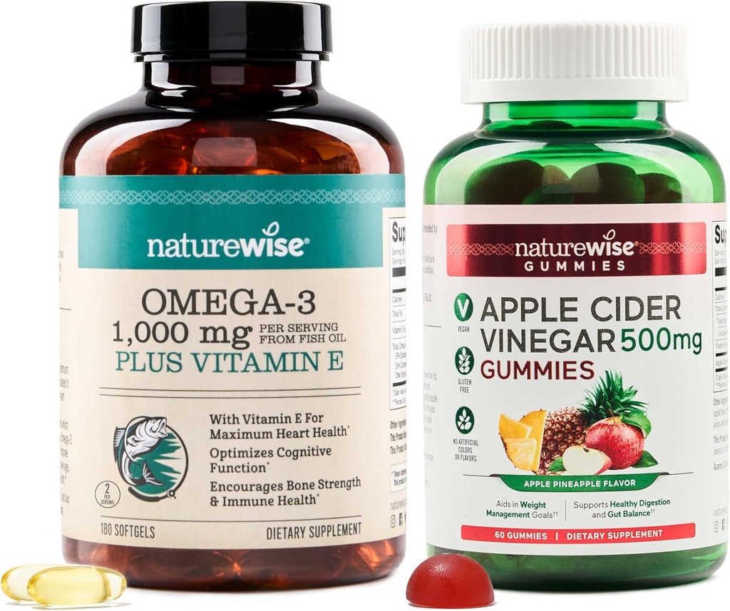 NatureWise Omega-3 Rybí olej 1000mg s E 180-Count+ jablkový Cider Ocogar Gummies 500mg s B12, 60-Count (Vegan Gummy) - Bundle for Heart, Eye, Tráviace zdravie - Gluten Free, Soy-Free, Non-GMO