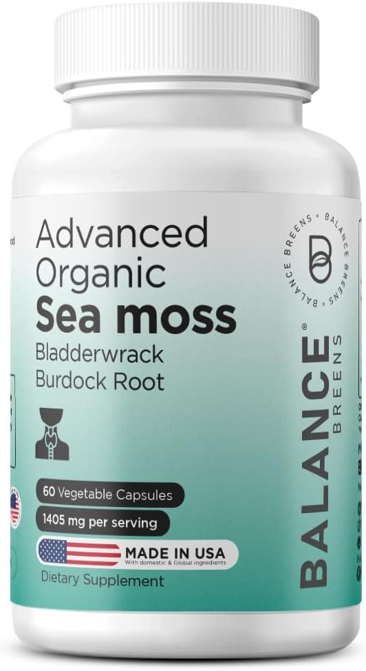 Organic Irish Sea Moss, Bladderwrack & Burdock Root Supplement 1405mg, 60 Veg Kapsule - Immune Booster, Gut Health, Skin Detox & Joint Support (60 počet (Pack of 1))