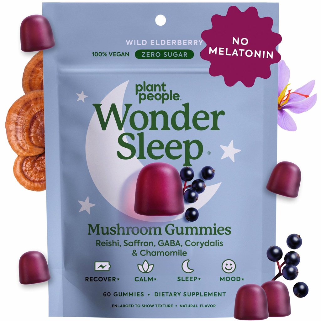 Plant People WonderSpánok Hubové Gummy Supplement for Sleep, No Melatonin with Reishi Super Huby, Wild Elderberry Chlavor, Sugar-Free (60 Počet)