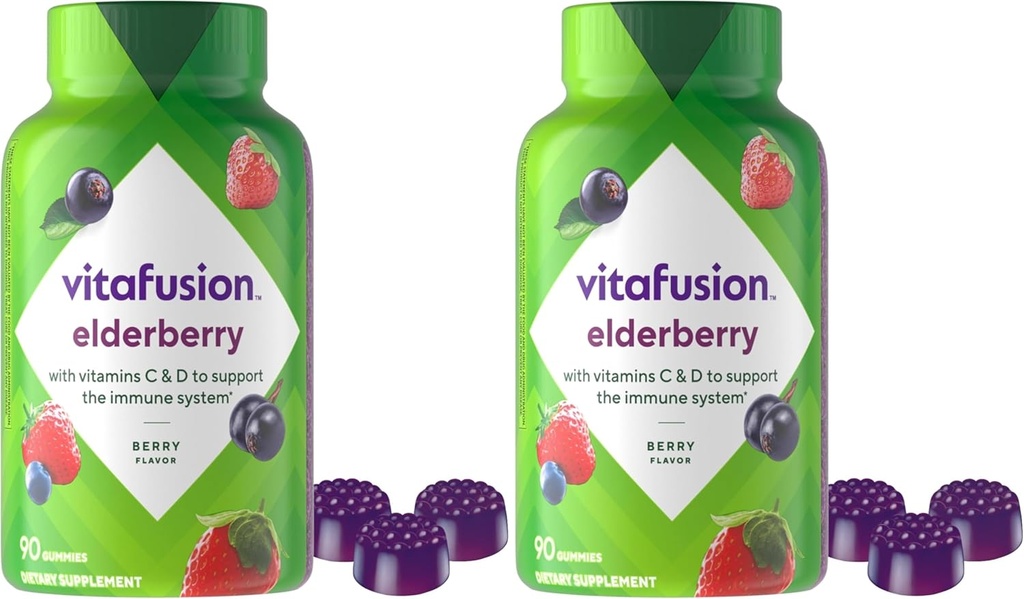 Vitafusion Elderberry Gummy Vitamíny, 90ct bazy Gummy Vitamíny, Žuvačky, 90 Počet (Pack of 2)