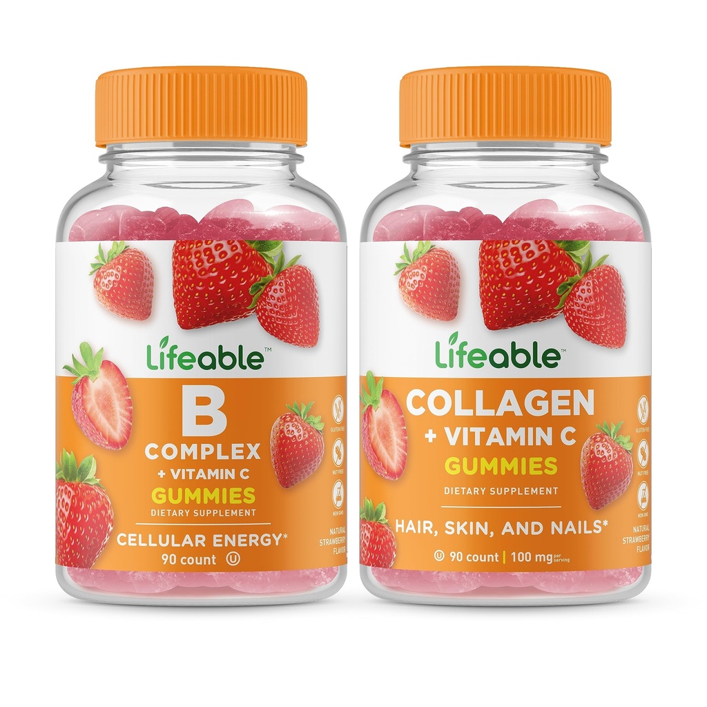 Životaschopný B komplex + kolagén a vitamín C, Gummy Bundle - veľké ochutnávky, vitamínové doplnky, bez lepidla, bez GMO, žuvacia Gummy