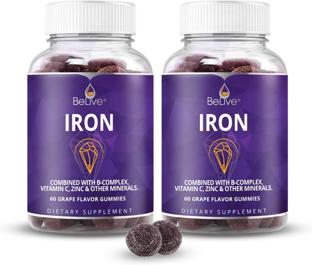 BeLive Železo Gumies - Multivitamínové Železo Supplement s vitamínom C, A, B a zinok, podporuje krvný kyslík, Vegánske doplnky pre ženy, Muži a deti pre rast a vývoj - Hroznová aróma 2-Pack