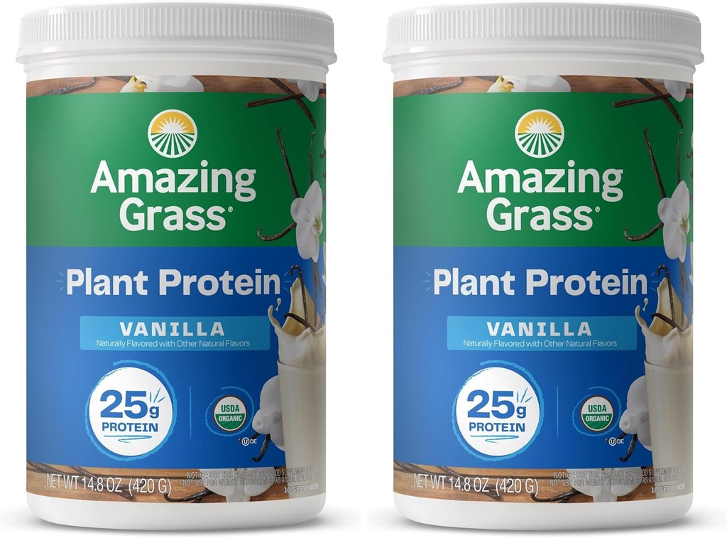 Amazing Grass Vegan Protein Powder, Plant Based Organic Blend with 25g of Protein, Dairy, Gluten & Soy Free - Krémová Vanilla (10 Servings) (Pack of 2)
