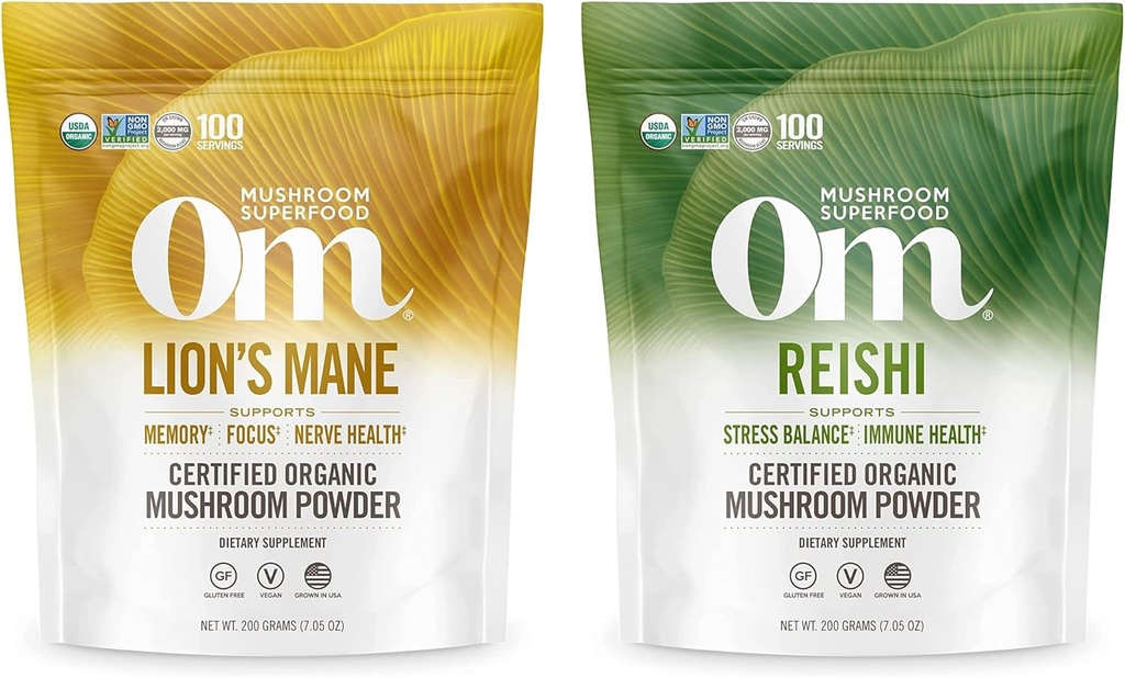 OM MUSHROOM SUPERFOOD 7.05oz Bundle, Lion's Mane & Reishi Organic Mushrom Powder, 200 Servírovanie