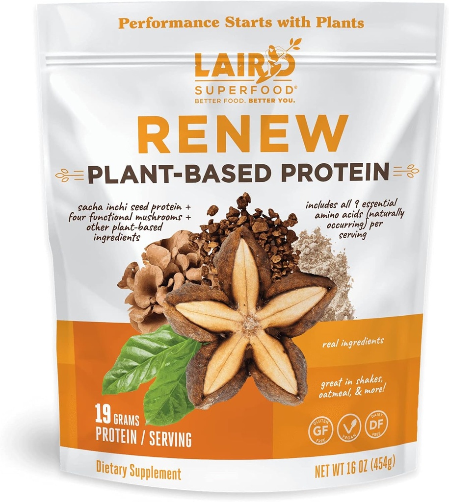 Laird Superfood Renew Plant-Based Protein Powder, 19 Grams Protein, Vegan with Sasha Inchi Seed Protein, Four Functional Huby, Conservative Free, Gluten-Free, Dairy-Free, 16 oz. Vrece