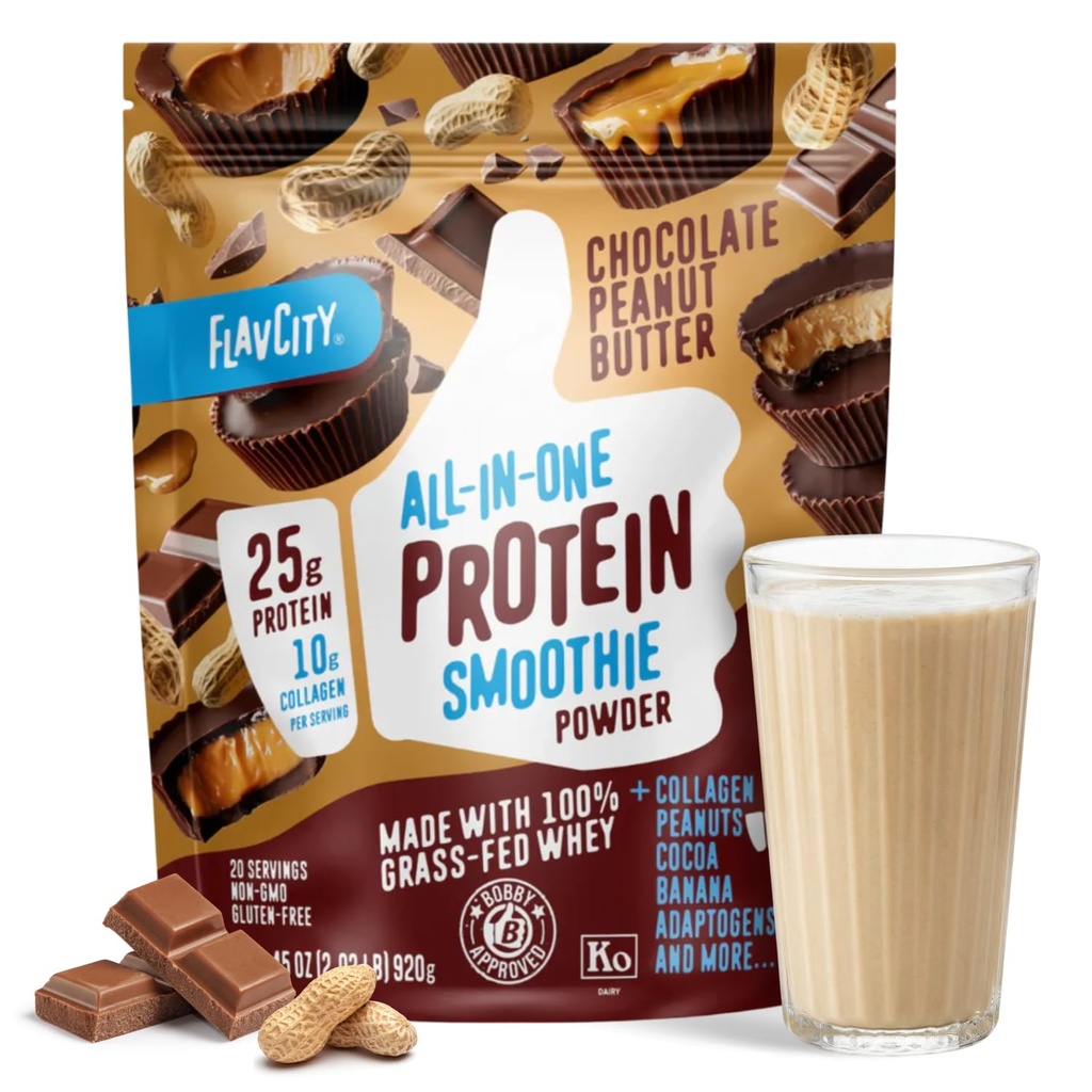 FlavCity Grass Fed Srvátka Čokoláda Proteín Prášok - Čokoláda Arašidové maslo - 25g Bielkoviny & 10g Kolagén - Vyrobené s organickým kakaom a kokosovým mliekom - bez lepku a bez pridaných cukrov (20 porcií)
