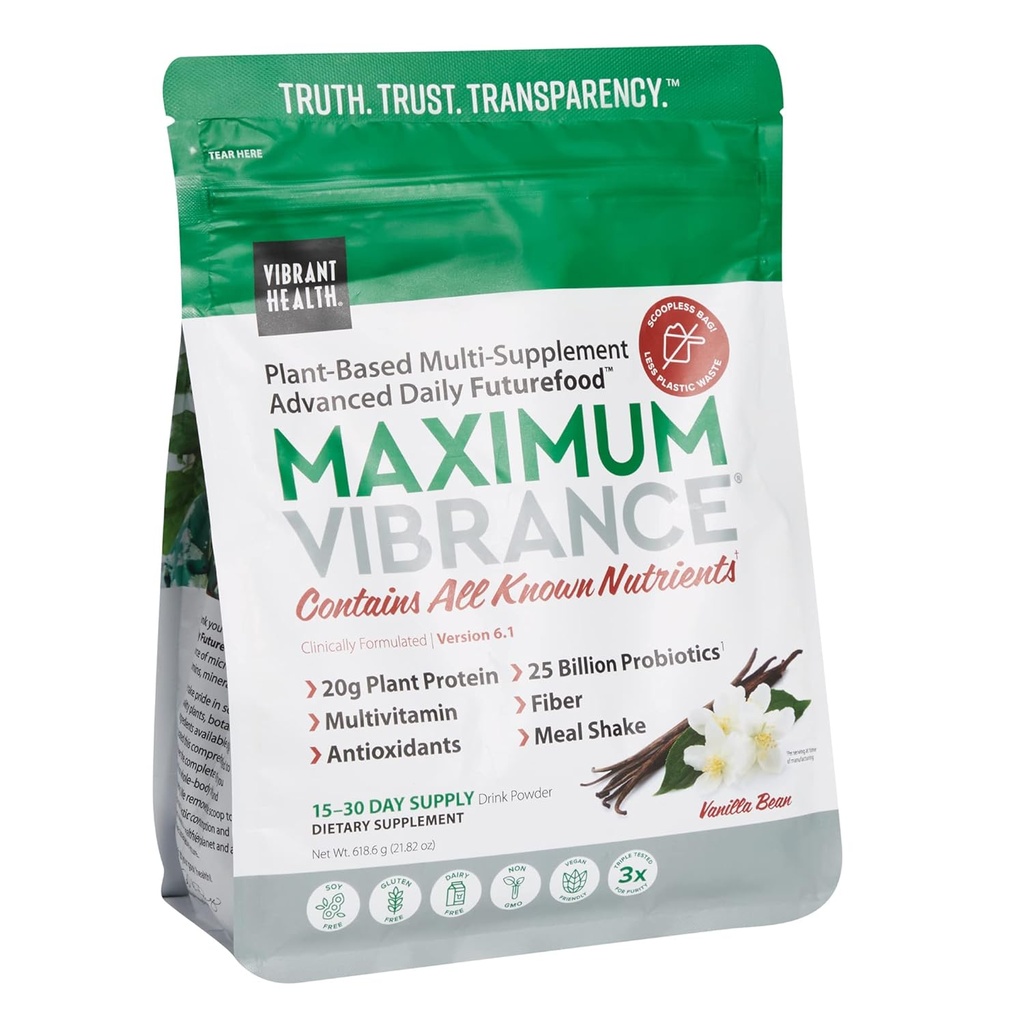 Vibrujúce zdravie, maximálna vibrance, Rastlinné-založené superfood doplnok s multivitamínom, proteínom a 25 miliárd CFU probiotík, Vanilka, 15 Slúži Pouch