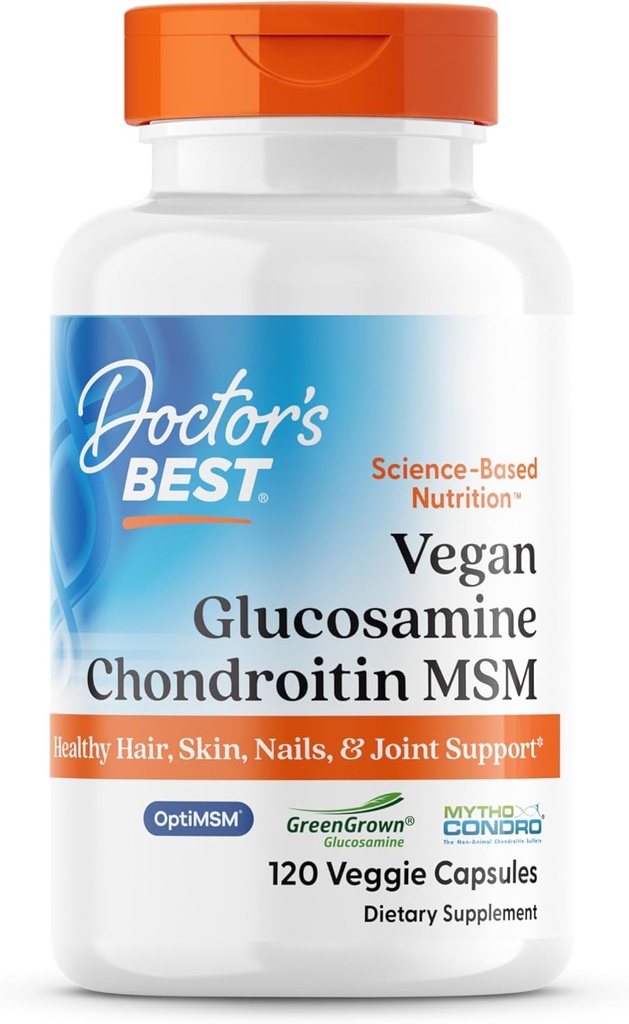 Doctors BEST Vegan Glucosamine Chondroitin MSM, Healthy Hair, Skin, Nails, & Joint Support, Non-GMO, Gluten Free, Soy Free, Vegan 120 Veggie Capsules