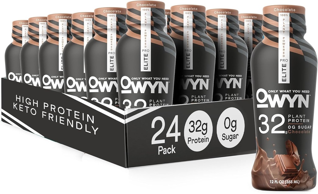 OWYN Len to, čo potrebujete Pro Elite Vegan High Protein Keto Shake, 32g Protein, 9 Amino Acids, Omega-3, Prebiotiká, Cvičenie a zotavenie, 0g Net Carbs, Zero Cukor (Chocolate, 12 Fl Oz (Pack of 24)