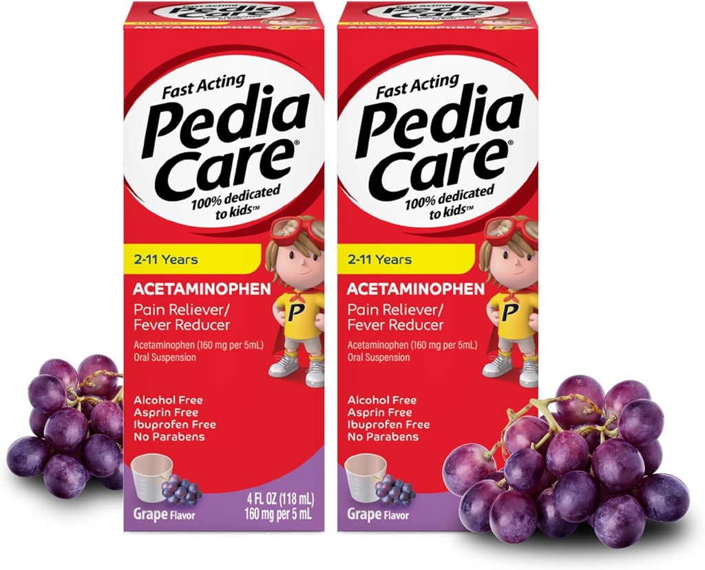 Rýchle pôsobiaci detská bolesť Reliever/Deti horúčka Redukcia s acetaminofénom Perorálna suspenzia, Vek 2-11, Zero Alkohol alebo Aspirín alebo Ibuprofén, Hroznová aróma, 4 fl oz (2 balenia)