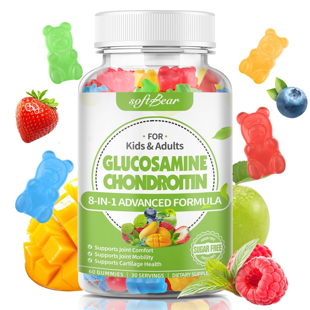 softbear Glukozamín Chondroitín Gummy pre dospelých, bezcukrový chondroitín a glukozamín Výživové doplnky pre spoločnú podporu, zmiešaná ovocná chuť, 60 grófov