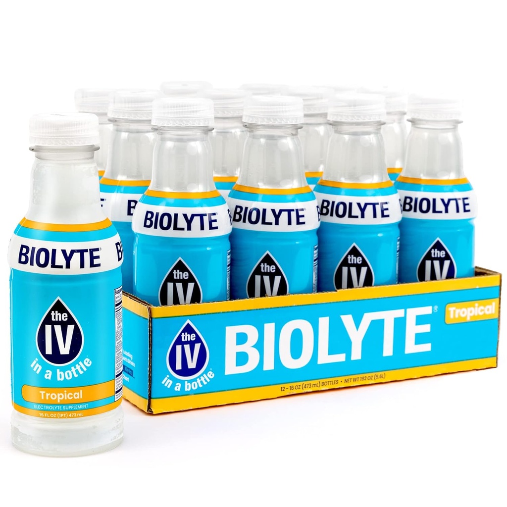 BIOLYTE Electrolyte Drink - IV vo fľaši Electrolyte Drink na rýchlu hydratáciu - Tropical, 12-Pack