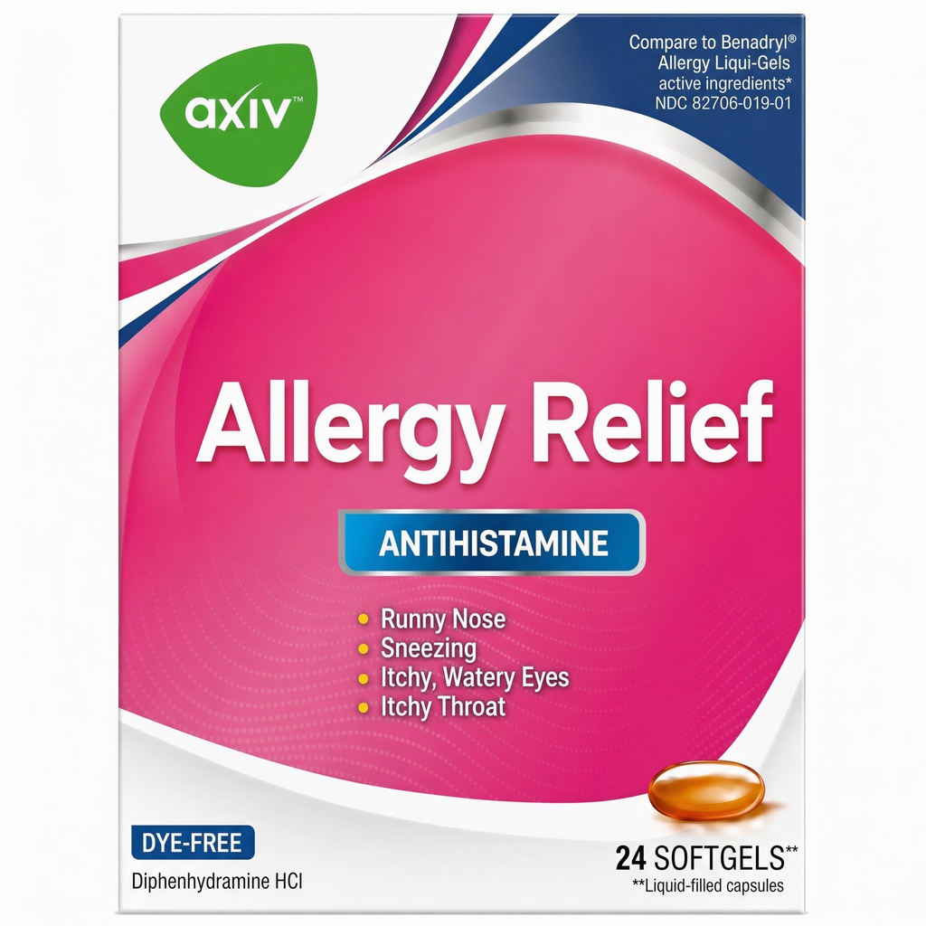 AXIV Alergická úľava Softgels, Antihistaminikum Medicine & Cold Symptom Relief, Bezfarbené tekuté gély, 25 mg Difenhydramín HCl, Runny Nose, Kýchanie, 24 Počet (24 Softgels)