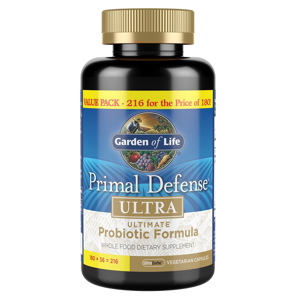 Záhrada života Probiotiká pre trávenie zdravie a zdravie rovnováhu, Primal Defense Ultra Ultra Ultimate Formula, 15 miliárd CFU a 13 kmeňov Plus HSO, Vegetariánska a lepidlo zadarmo, 216 Kapsule
