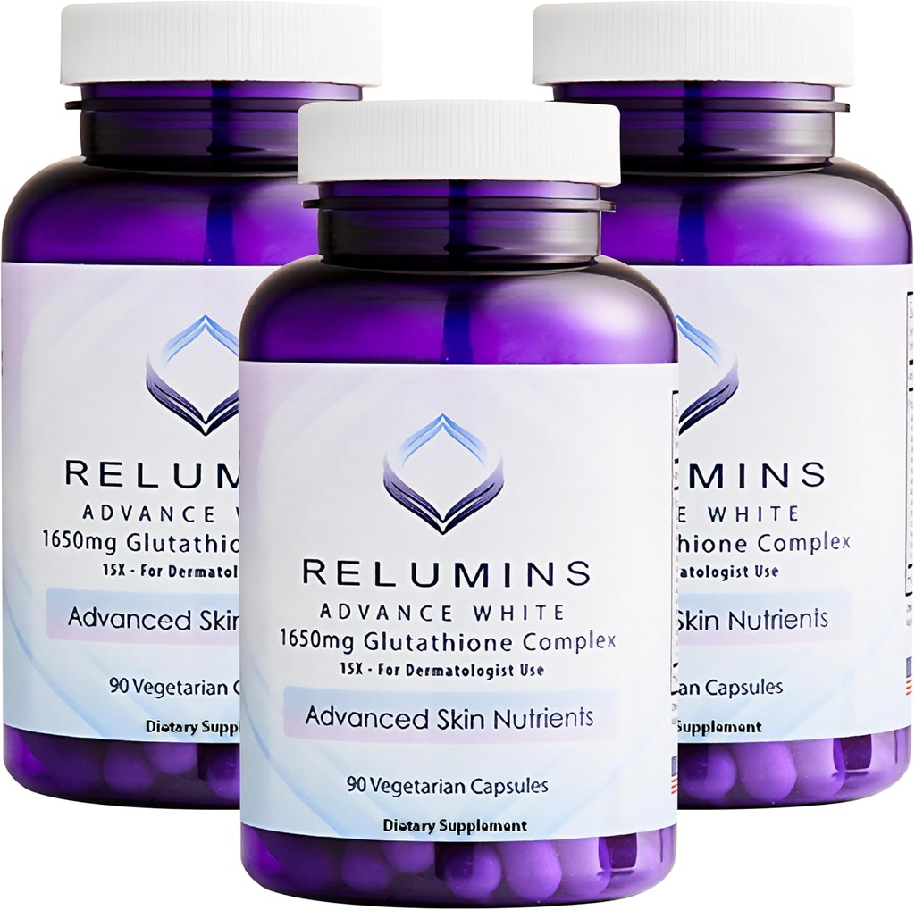 Relumins L-Glutatione Complex 1650mg - Antioxidačná podpora s Alpha Lipoic Acid, NAC, L-Metionin, Vitamín E, Skin Health Supplement, Made in USA - 90 Vegetariánske kapsule x 3 fľaše