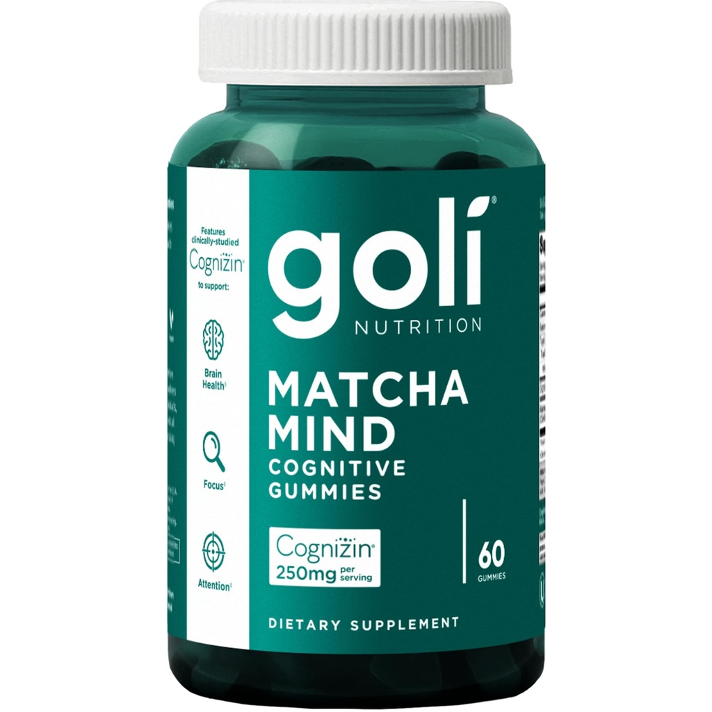Goli Matcha Mind Gummies - 60 gróf - Green Tea Leaves Powder with Cognizin for Focus, Attention and Brain Health, Vegan, Non-GMO, Gluten-Free & Želatína zadarmo.
