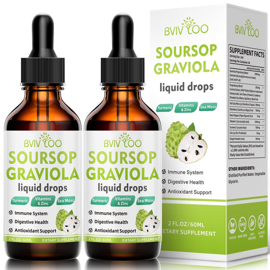 2 balenia Soursop Graviola Liquid Drops - 2000mg Pure Soursop Extract Blend with 300mg Sea Moss & 100mg Elderberry - Výkonná podpora buniek, Antioxidant-Rich, Immune-Boosting - 4 Fl Oz (120ml) Fľaša