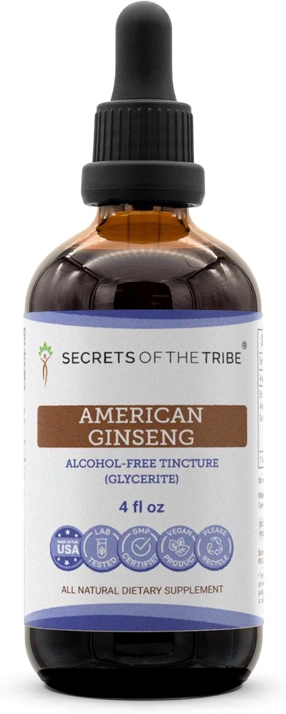Tajomstvá americkej Tinseng bezalkoholového tekutého extraktu, Farm Ginseng (Panax Quinquefolius) sušený koreň (4 FL OZ)