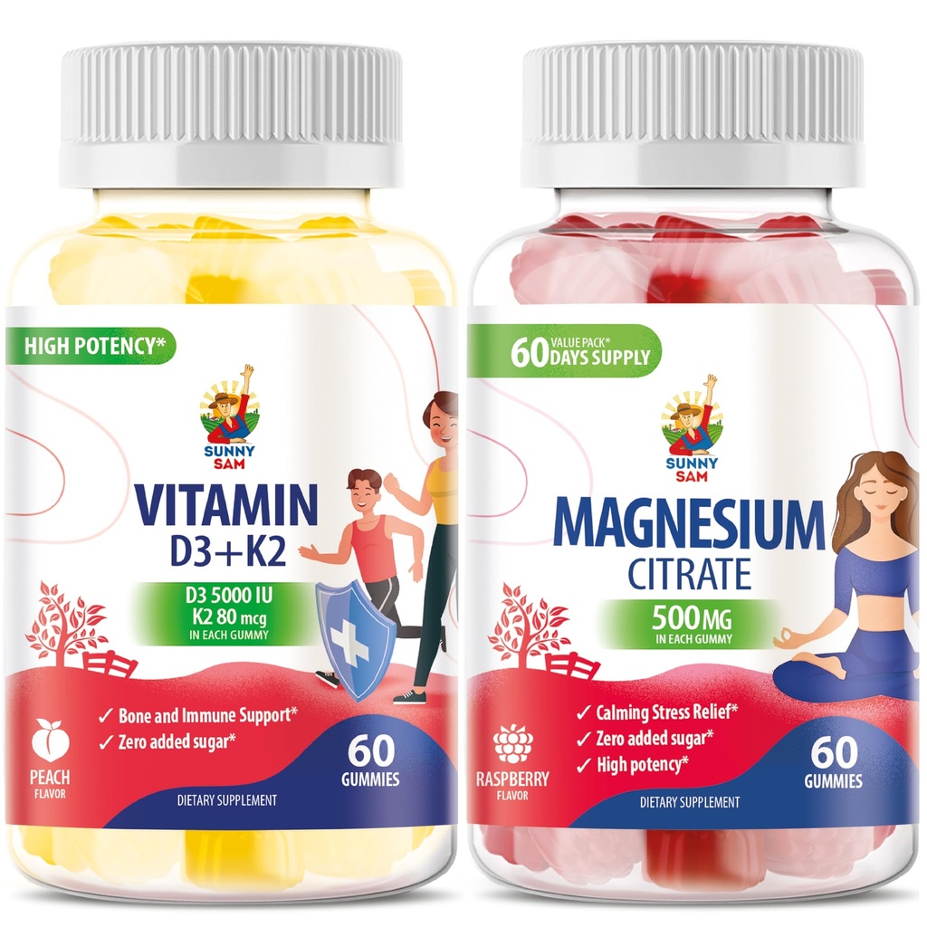 Vitamín D3 K2 Gummy 5000 IU - Immune & Bone Supplor & Magnézium Gumies pre deti a dospelých - 500 mg