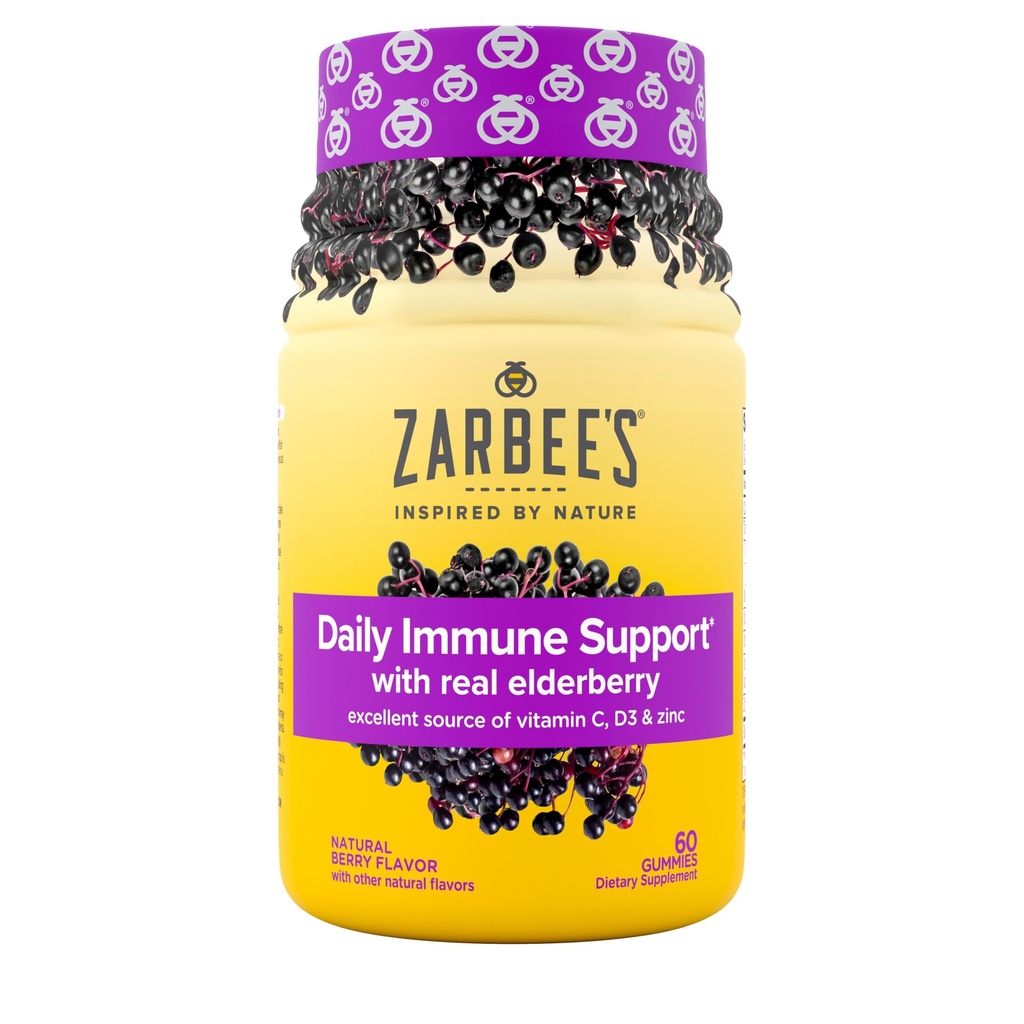 Zarbee a bazové guličky Denná imúnna podpora Supplement with Vitamíny A C D E & Zinok, extrakt z čiernej bazy, Natural Berry Flavor, Vegetarián, Želatína-Free, 60 Počet