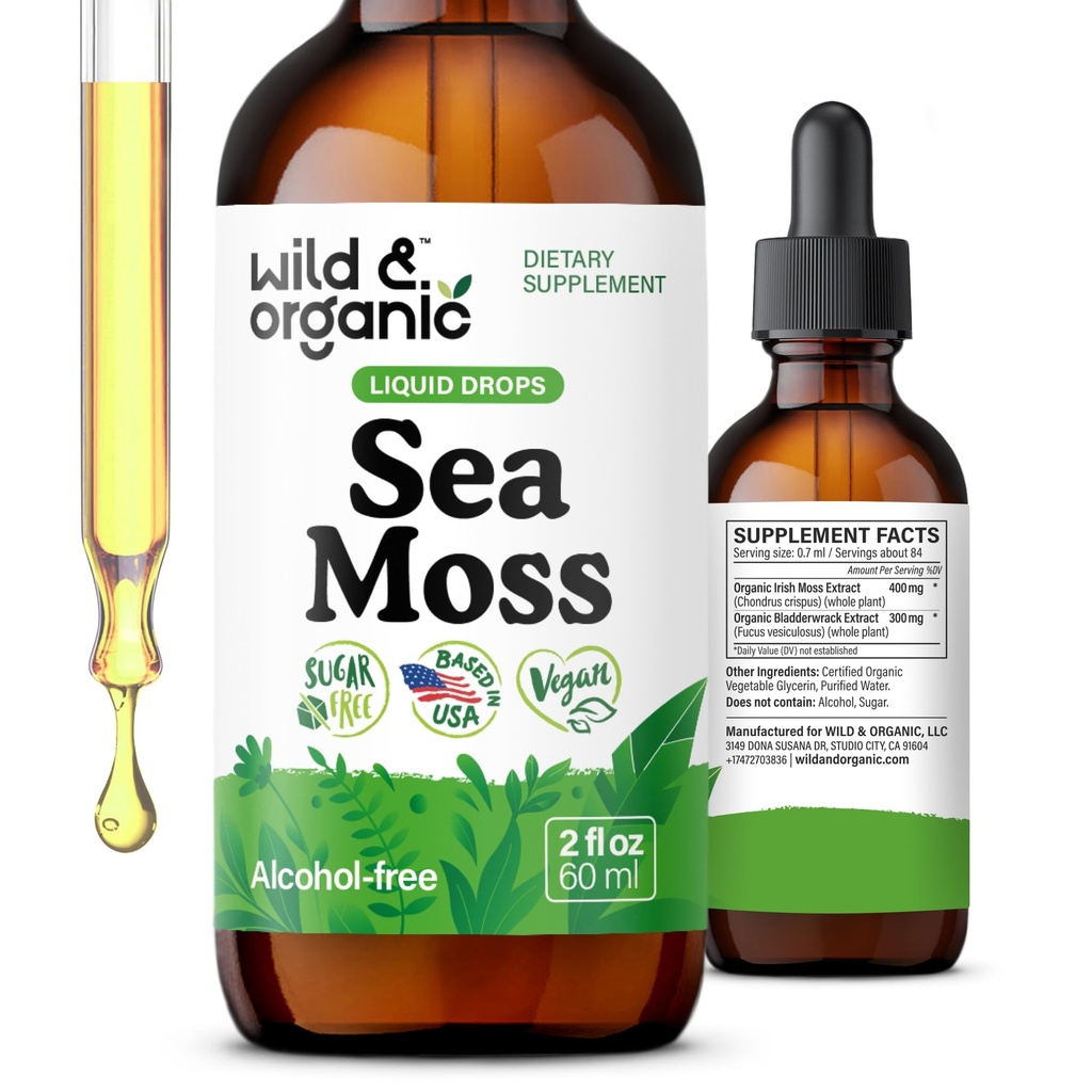 Wild & Organic Sea Moss Liquid Drops - Immune Support - Irish Sea Moss and Bladderwrack Tincture - Multimineral Chondrus Crispus Supplement - Vegan, Cukor a alkohol-free - 2 fl oz