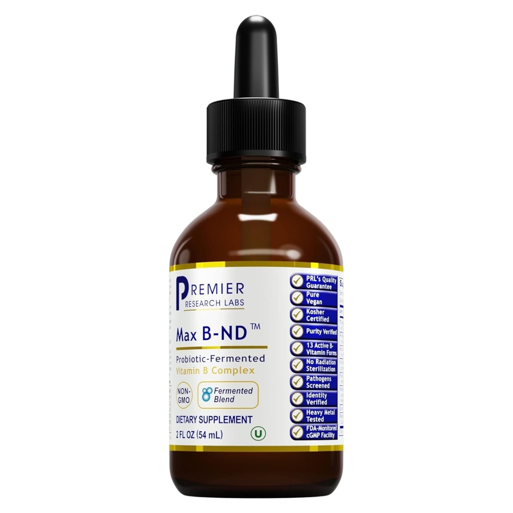 Premier Research Labs Max B-ND Tekutý vitamín - B-komplex pre zdravie pečene a mozgu - Sublingválne kvapky pre energiu, Immune & Adrenal Support - 2 fl oz - Thiamin, B12, B6 a viac - pre mužov, ženy