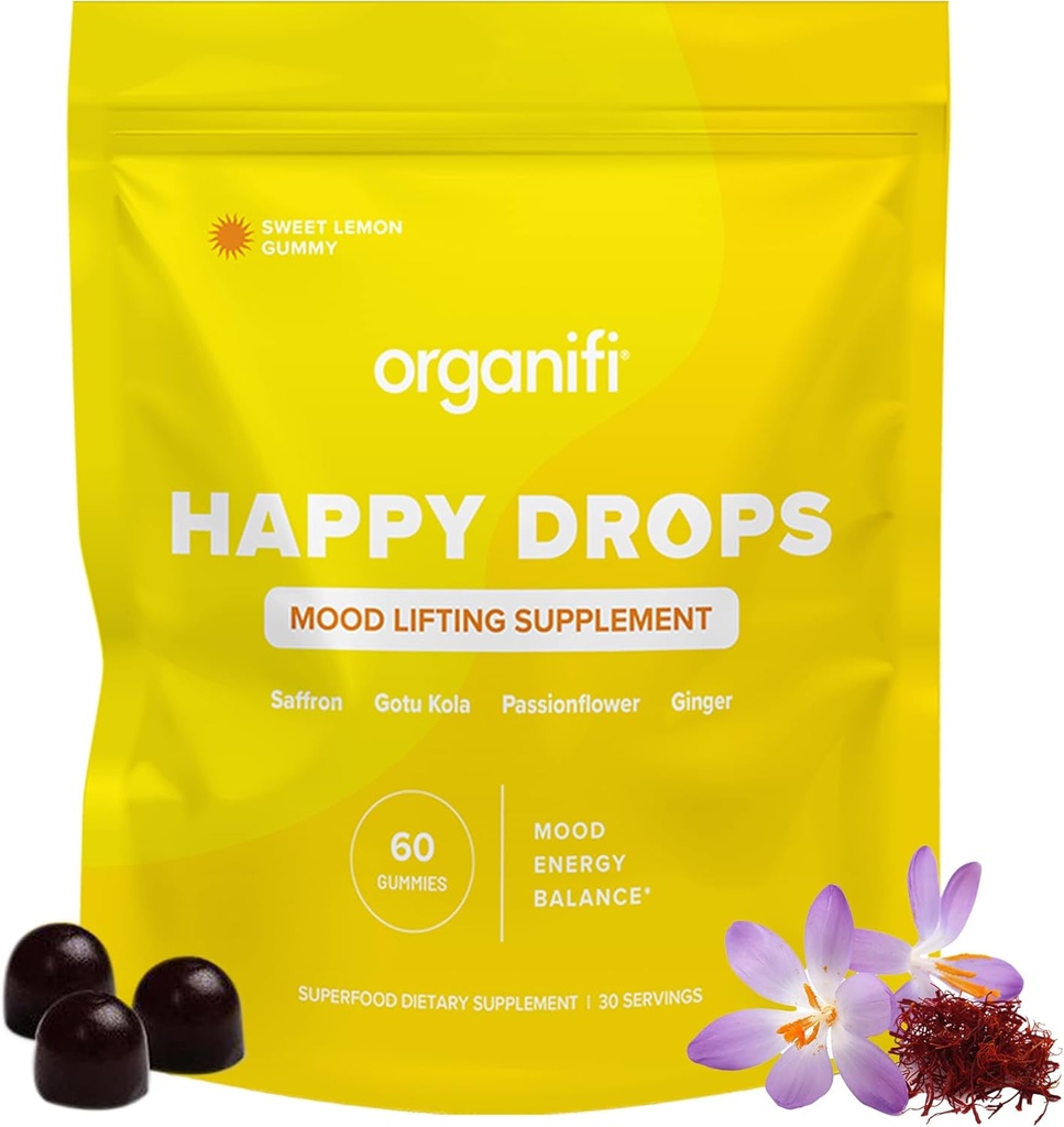 Organifi Happy Drops - Denné Superfood Happy Gummy pre dospelých - Mood Suplement for Balance, Bliss, Energy and Taking The Edge Off - Sweet Lemon Flavor - 60 Gummies