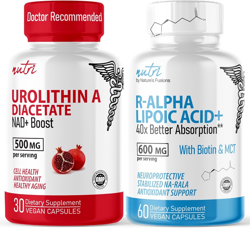 Prírodné fúzie Urolithin A Diacetát 500 mg & R Alpha Kyselina lipoová 600 mg (60 kapsúl) - Antioxidant/Energy Bundle