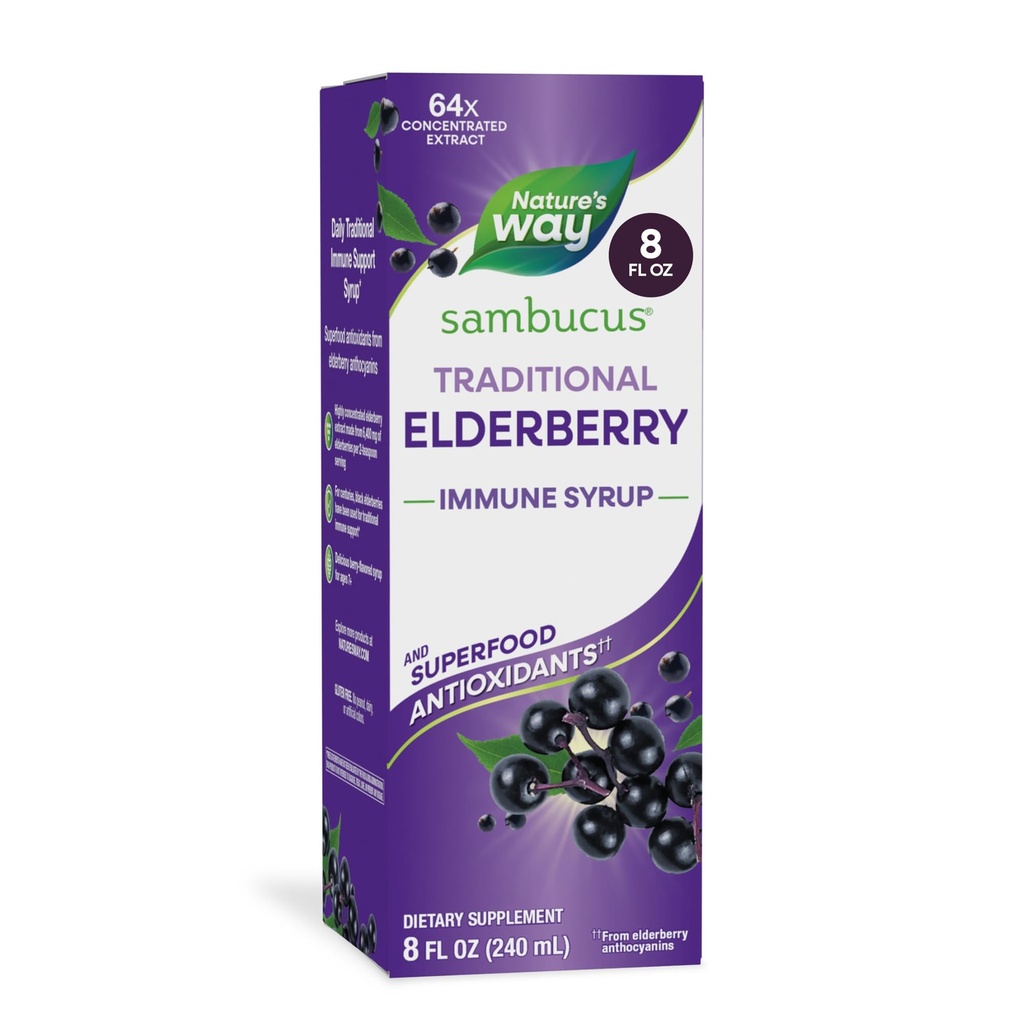 Príroda a spôsob Sambucus Elderberry Tradičná imúnna sirup, vysoko koncentrovaný extrakt z čiernej bazy, tradičná imúnna podpora*, Delicious Berry Ochutená, 8 Fl Oz (Backaging May Vary)
